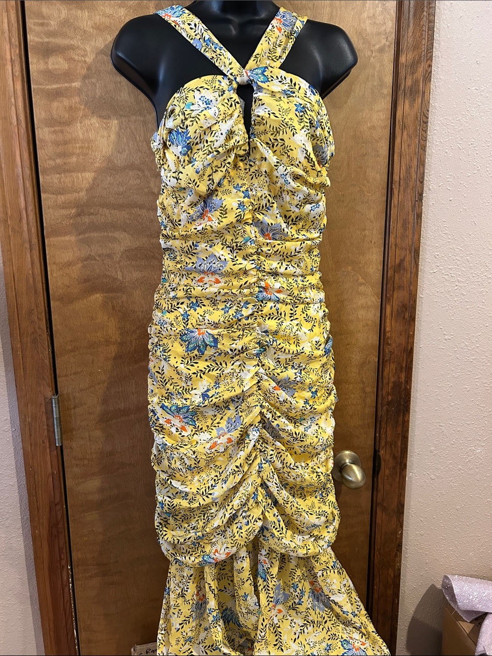 Banjul Yellow Floral Ruched Maxi Dress with Crossed Halter Straps